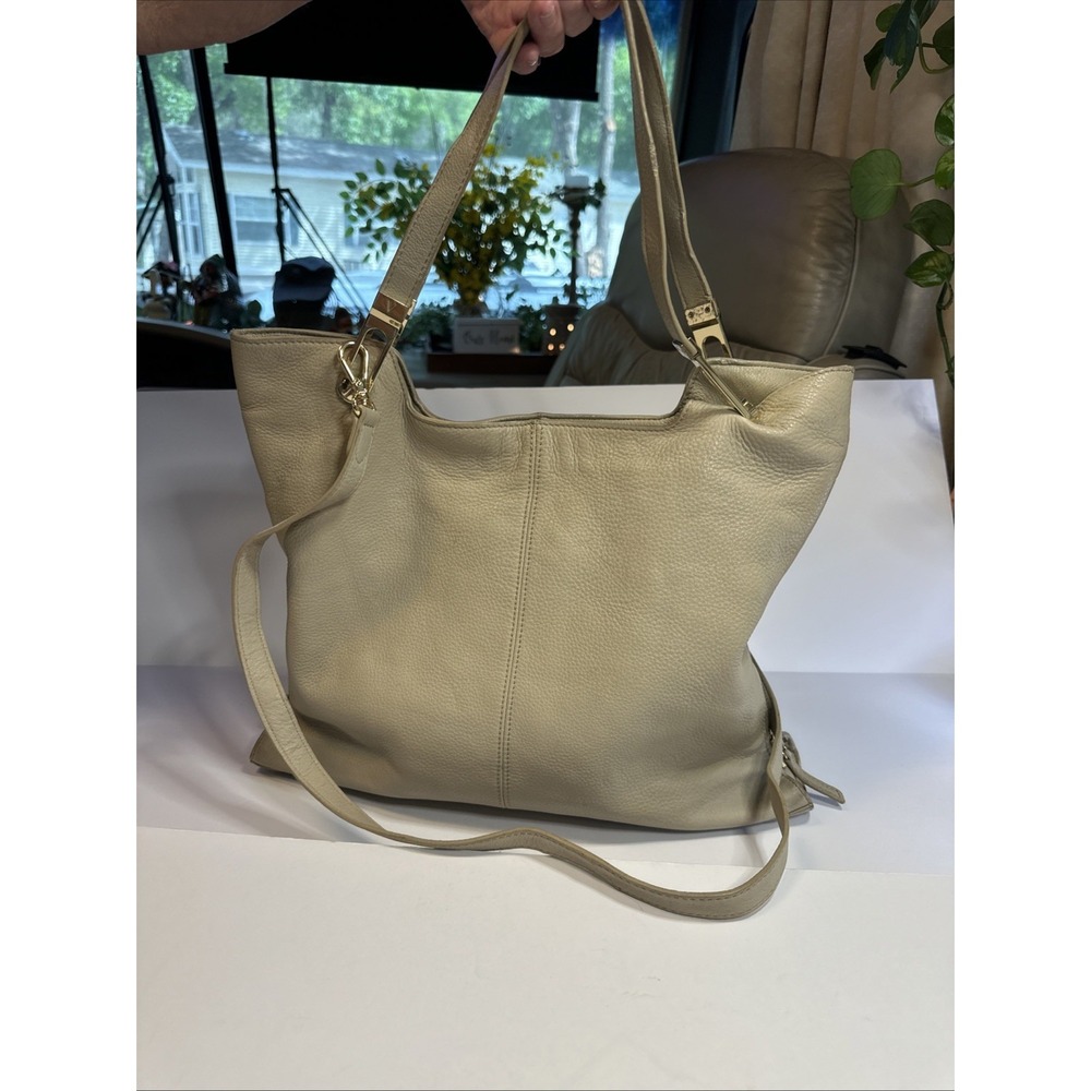 Vince Camuto Beige Pebbled Leather Hobo Bag Gold Hardware Convertible Crossbody